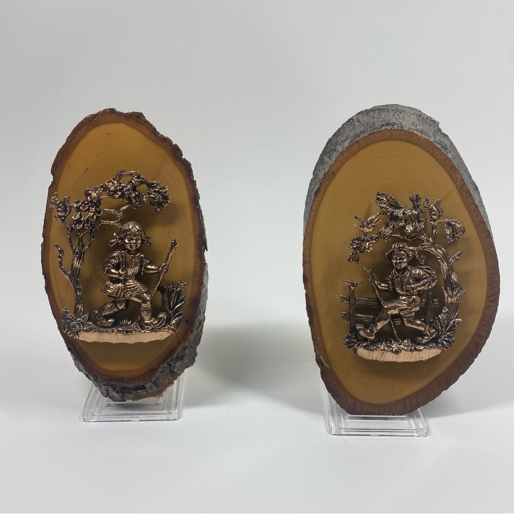 Vintage Live Edge Wood Wall Plaque Cooper Tone Plastic Hiking Boy 8”&Girl 7.5”